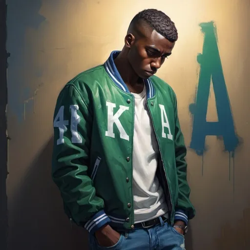 Prompt: 4k , high resolution , digital painting , modeling , neglected ally , dramatic colors  ,lights, a man is leaning against the wall ,dark skin, mid fade haircut , opened green letter jacket , white under shirt , blue jeans , close up , 