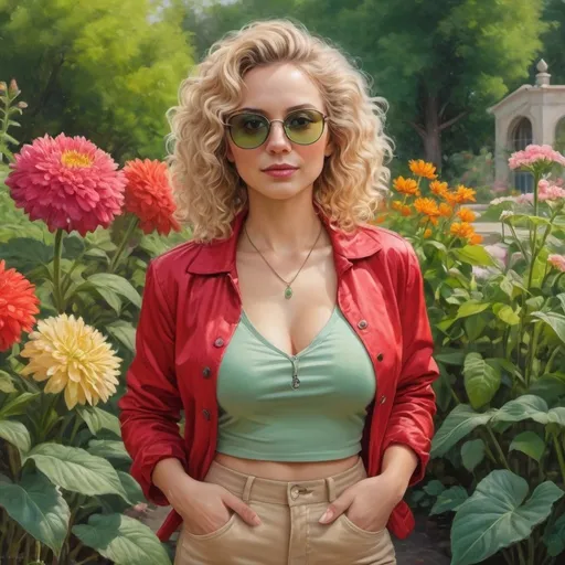 Prompt: 4k , high resolution , art photography , oil painting , realism , detailed features , beautiful garden , bright colors ,a 35 years old woman standing near flowers , blonde curly hair , red small jacket , beige crop top shirt , green tight pants , green sunglasses ,necklace , 