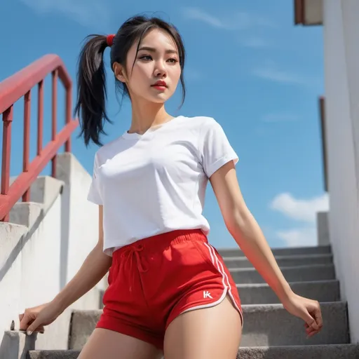 Prompt: 4k,oil painting ,high resolution,professional, bright colors , blue sky,modeling , law angle shot,show all body, a asian woman is modeling  ,she standing on stairs ,ponytail haircut,black hair, red sports shorts, white t-shirt ,focus on legs , close up , portrait , modeling pose 