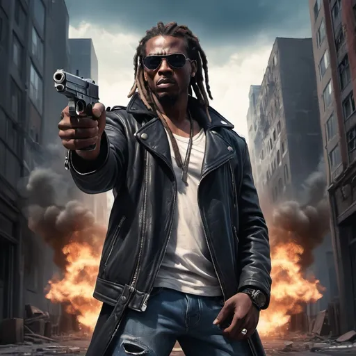 Prompt: A man standing  and  holding a pistol he is pointing the pistol at the viewer , urban settings, black skin, mirrored lens sunglasses, dreadlocks, opened black jacket, muscular body , blue jeans, (illustration), (high resolution), dramatic lighting, somber atmosphere, detailed background with city buildings and streets, dark color tones, realistic art style, ultra-detailed,explosion in the background , dramatic lights around the man ,low angle shot , fire and smoke 