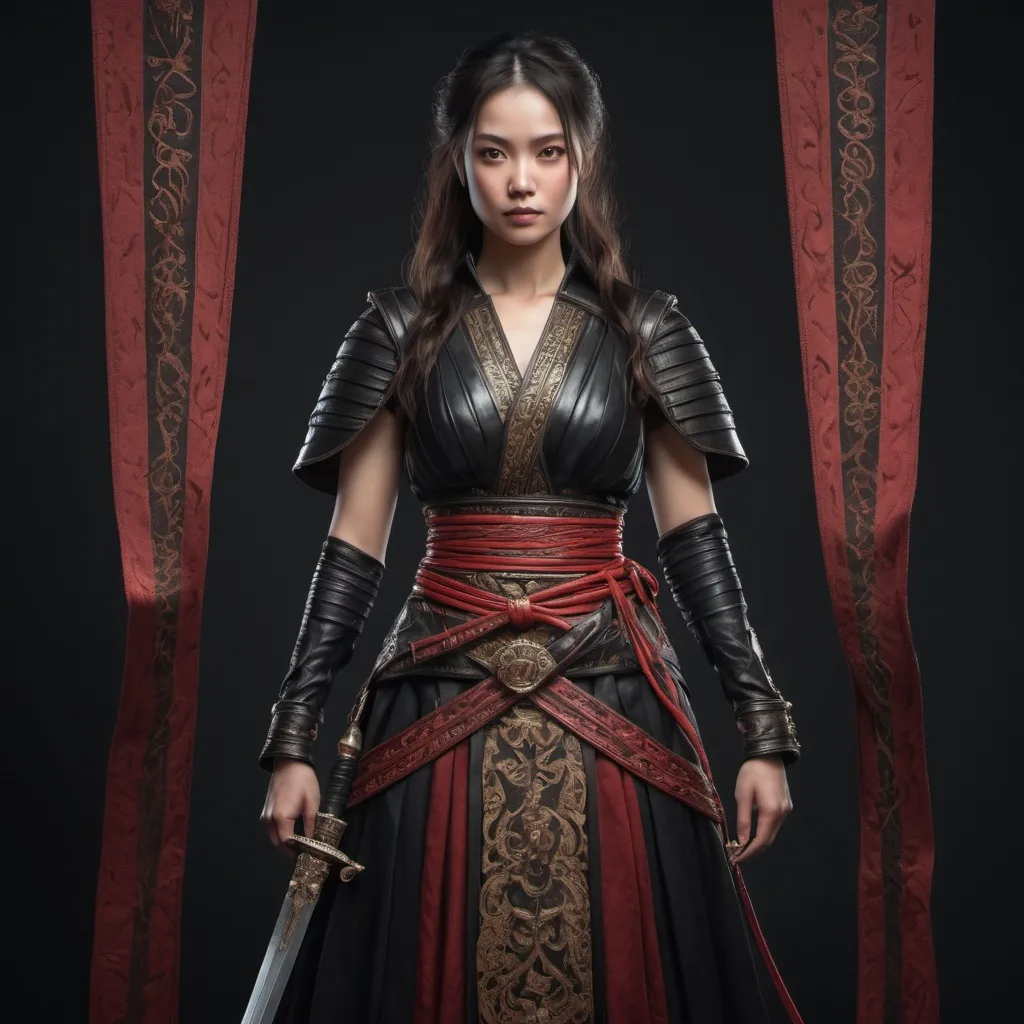 Prompt: A woman holding a sword with her hands in a dark, ornate outfit . She is wearing a fitted, cross-wrapped top made of sleek leather-like material  Her waist is cinched with a wide decorative belt featuring intricate engravings, tied with ceremonial red ropes. Flowing fabric panels with vertical striped patterns hang down from the waist, resembling a skirt, while revealing parts of her legs.
the background is just black 
