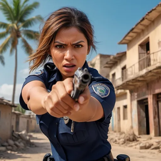 Prompt:   a police woman fighting criminals in a gun fight  and she pointing the gun at the viewer ,low angle of the woman,there is a building behind the woman, portrait, sandy terrain, palm tree, old buildings in poor area,  intense action, third world country, angry face, professional, dramatic background with dramatic colors , urban setting, best quality, 4k, poor area, detailed clothing, intense expression, digital painting, realistic , bright colors , blue sky , strong wind , good composition 