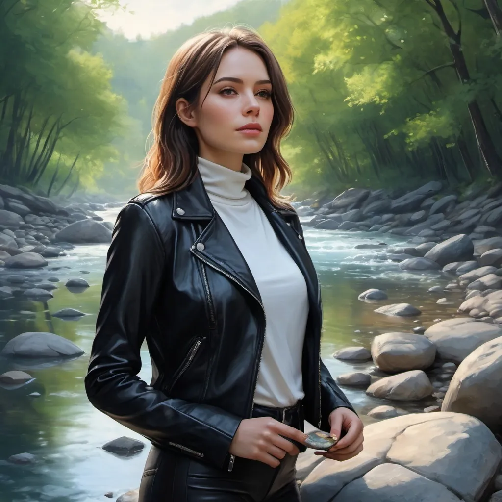 Prompt: (digital painting), (4K), (high resolution), serene (nature scene), lush (trees), expansive (beautiful blue sky), glistening (river), textured (stones), a woman ,  black leather jacket , white turtleneck ,black leggings , close up , peaceful ambiance, palette, soft lighting highlighting details, tranquil atmosphere, inviting surroundings, ultra-detailed, captivating landscape.