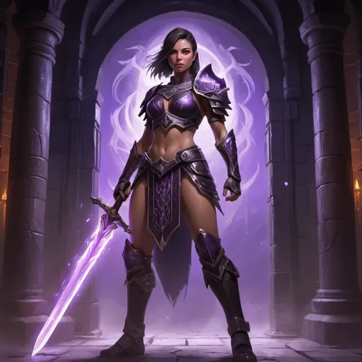 Prompt: a digital painting of a female warrior(low angle shot) holding a glowing magical sword and rising the sword up ,fierce stance  , she wears a black fighter outfit  with armors on her shoulder ,but also revealing parts of her body , video game character , background : night time dark building with a wall in the center there is a big door and purple lighting on the center only , there is a smoke in the background , cracked floor ,

