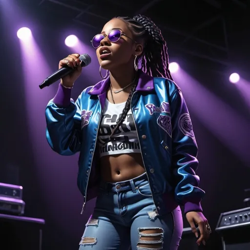 Prompt: detailed , high resolution  digital painting, low-angle of a 28 years old black female rapper in a dark stage , she is singing , black braid hair, purple letter jacket , blue ripped skinny jeans ,sunglasses , mirrored lens ,
,dark colors, 4k, high resolution, art photography,  intense lighting, dramatic shadows, professional, , atmospheric lighting , full body , crown cheering 