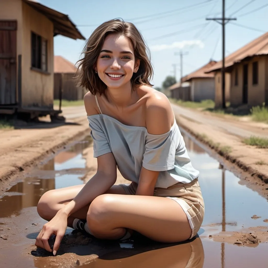 Prompt: 4k , high resolution , modeling , fashion, outside  ,digital painting , realism , urban , road mixed with sand  ,old poles , old houses are behind , sky , puddle , 
a woman is sitting on the ground , modeling stance , artistic , creme white shorts ,  off shoulder tiffany blue shirt , dark colors , light and shadow photography , smile 