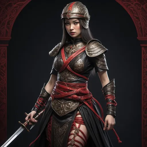 Prompt: A fierce woman holding a sword ,,  in a dark, ornate outfit She is wearing a fitted, cross-wrapped top made of sleek leather-like material  Her waist is cinched with a wide decorative belt featuring intricate engravings, tied with ceremonial red ropes. Flowing fabric panels with vertical striped patterns hang down from the waist, resembling a skirt, she wears an helmet that fits to her outfit , while revealing parts of her legs.
fight stance , fight atmosphere

the background is just black 
