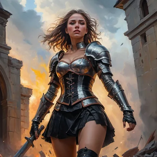 Prompt: 4k , high resolution , oil painting ,knight period, artistic ,fantasy ,destruction, bright colors , a warrior woman is standing proudly and rises the sword up in the air , victory pose , 
  , wounds on face , short black skirt with belt  , black combat corset,shields on both shoulders  , action , dynamic ,  , low angle shot ,show legs, emotional face,