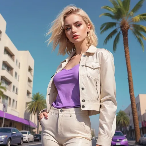 Prompt: 4k , high resolution , pastel colors,  contemporary art  ,digital painting , fashion , building , palm tree , road , urban settings ,blue sky,modern city , a woman standing near palm tree, blonde hair , off white jacket , purple buttoned shirt , off white tight long pants ,close up , portrait , low angle shot , modeling pose  , good colors 