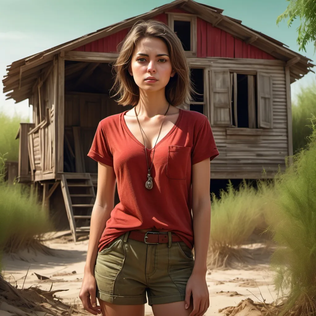 Prompt: (abandoned old  and broken wooden house in sand field ), (old photography style, photo realism ), woman (close up ) standing in modeling pose , red, v-neck shirt ,cargo brown shorts  , necklace , sandy ground, green lush bushes in the background, dark colors , ,  sunlight casting soft shadows, intricate details, , ultra-detailed,, high resolution , detailed face ,nostalgic atmosphere