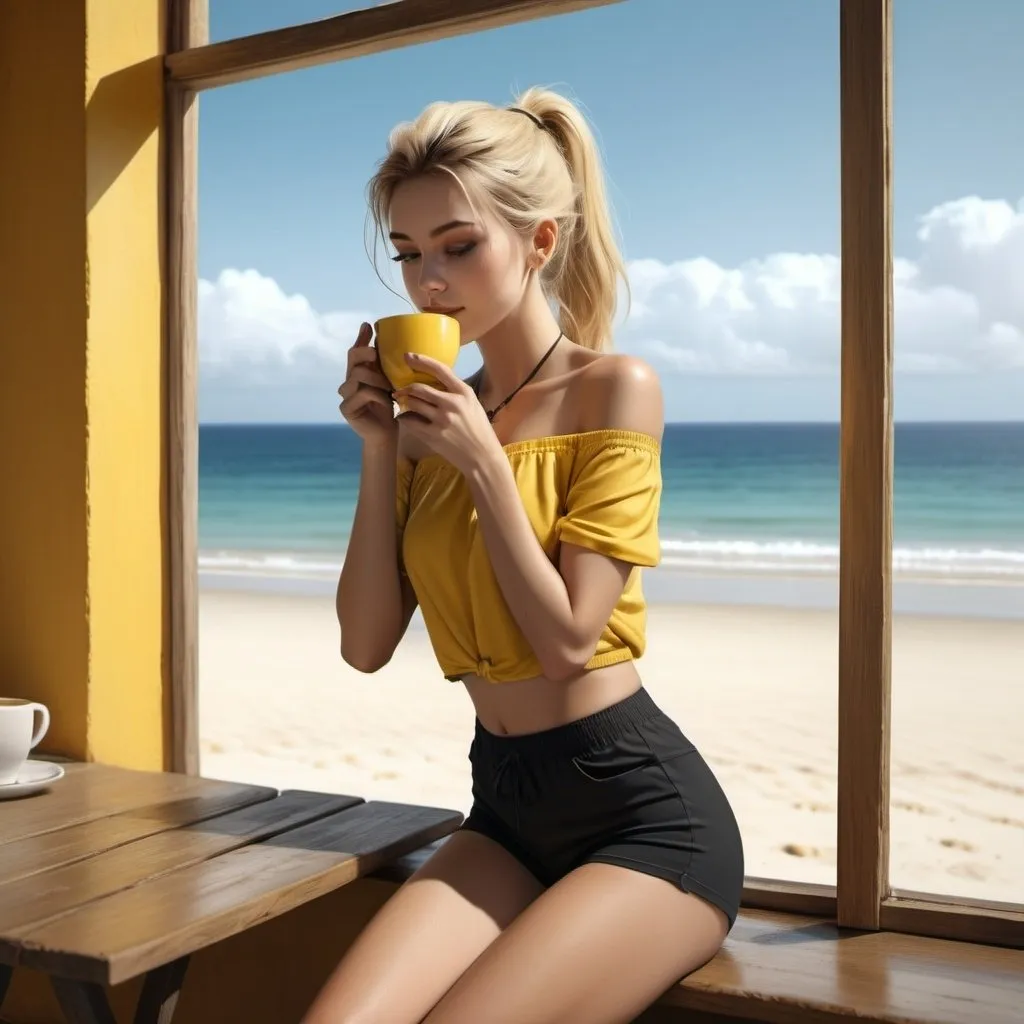 Prompt: a woman drinks coffee from yellow cup ,wooden table ,window , beautiful view , sea ,sand, high resolution , 4k , digital painting , realism , the woman wears black shorts , yellow off shoulder top ,blonde hair , ponytail ,necklace , legs , artistic modeling stance , modeling  photography  , close up , low angle shot ,muted colors  