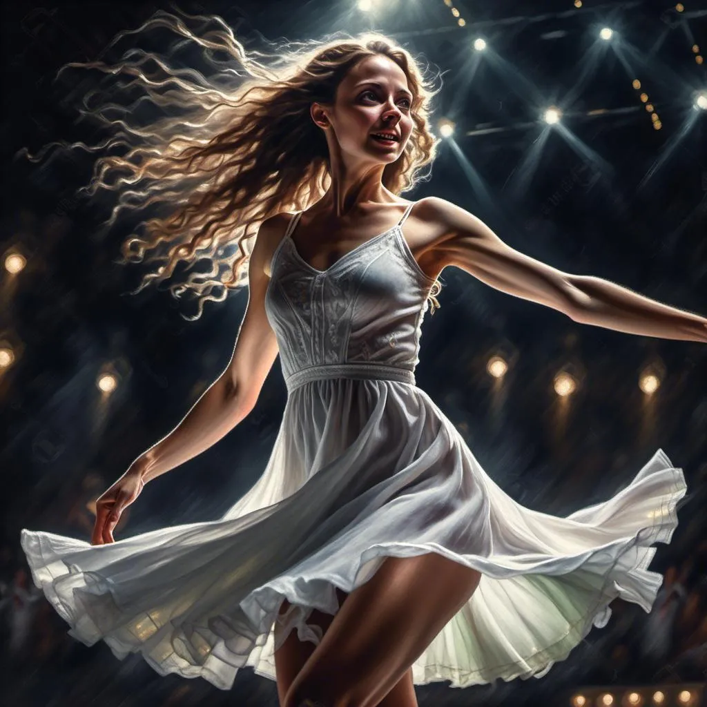 Prompt: <mymodel>
4k  , high resolution,artistic , dark colors  ,photorealistic painting ,digital painting , a woman in short white dress is dancing on dark stage , close up , the stage's lights shine on the woman , dynamic , dramatic dance ,  portrait