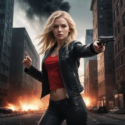 Prompt: a woman holding a gun, she is pointing the gun at the viewer  , urban settings, long blonde hair , opened black jacket, red crop top shirt , black leather pants ,(illustration), (high resolution), dramatic lighting, somber atmosphere, detailed background with city buildings and streets, dark color tones, realistic art style, ultra-detailed,explosion in the background , dramatic lights around the woman ,low angle shot , art photography , close up on the woman 