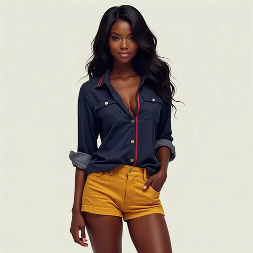 Prompt: digital painting , 
a full body image of a black woman with long hair  wearing navy blue opened buttoned shirt with v-neck also has red and gray strips , mustard fitted shorts , she is standing in modeling pose 