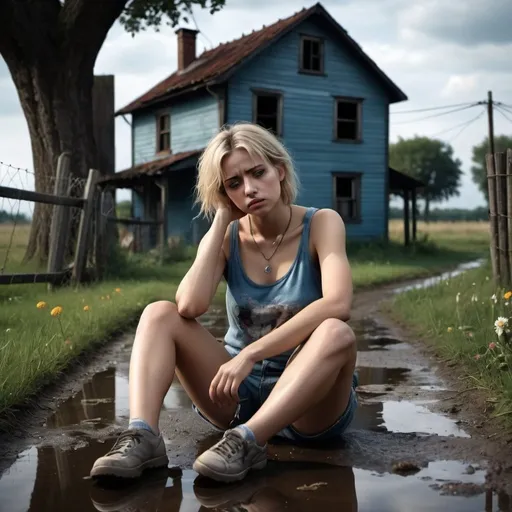 Prompt: 4k , high resolution , detailed , artistic photo shot,expressionism, old small house , dark colors , dramatic colors tells the sadness of the woman , view , field , flowers ,grass , trees , a sad woman is sitting on the ground , puddle ,  big chain-link fence , blonde hair , tank top shirt , blue shorts ,necklace , low angle shot  , legs ,full body , dramatic lighting ,  