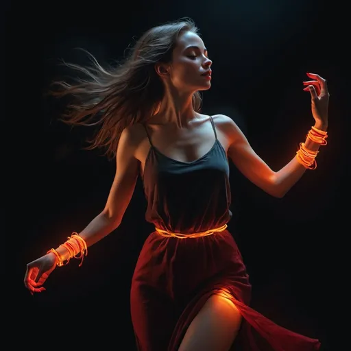 Prompt: 4k , high resolution,realism  , digital painting  , ultra detailed , art photography , bright colors , black background  , a woman dancing in the dark room , red glowing bracelets illuminating her hands , dynamic movement , full body , 