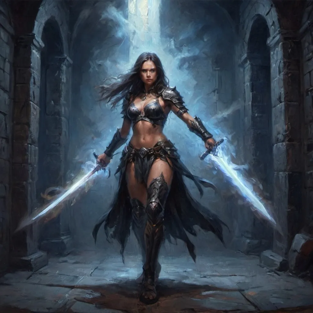 Prompt: a digital painting of a female warrior (low angle shot)holding a glowing magical sword and rising the sword up ,fierce stance  , she wears a black warrior outfit  with armors on her shoulder ,but also revealing parts of her body ,,very long hair , video game character , background : nighttime dark building with walls and in the center there is a big mystery door and blue lighting on the center only , there is a lot of smoke creating the image more dramatic , 

