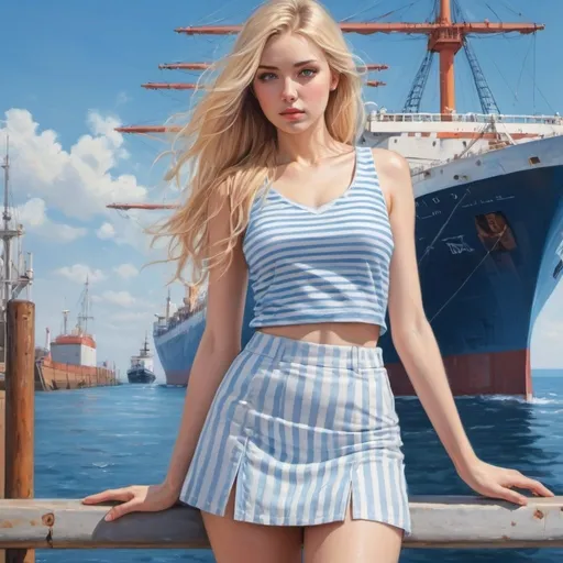 Prompt: 4k , high resolution , pastel colors,  high detailed ,digital painting , art photography , sea ,harbor, blue sky , a woman standing in modeling pose and there is a big ship behind her  , long blonde hair , blue and white striped sleeveless shirt , blue and white striped miniskirt , good composition , blue themed photo 
