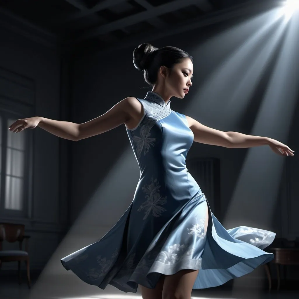 Prompt: 4k , high resolution , digital painting , photorealism , artistic , achromatic grays , dark empty room ,  modeling , a asian woman dancing with beautiful fans,  hair buns  hairstyle , blue qipao dress , legs , model stance , low angle shot , expressionism , close up , light and shadow photography 