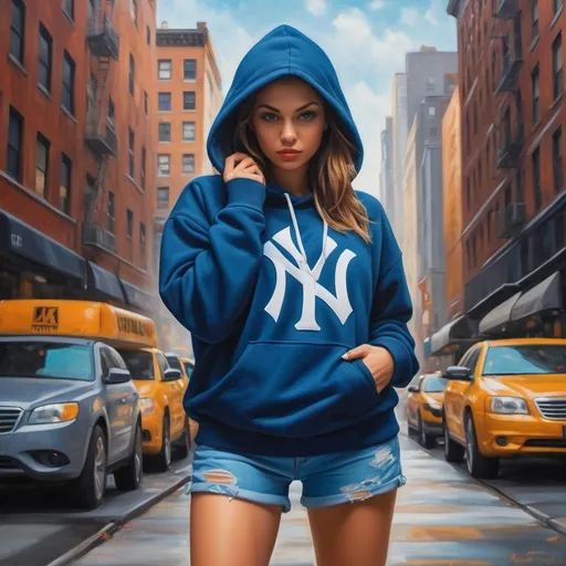 Prompt: (detailed oil painting), high resolution, 4K, vibrant colors, stylish woman posing, ), (oversized hoodie of Yankees New York athletic hides shorts ,) urban settings, dynamic art photography,