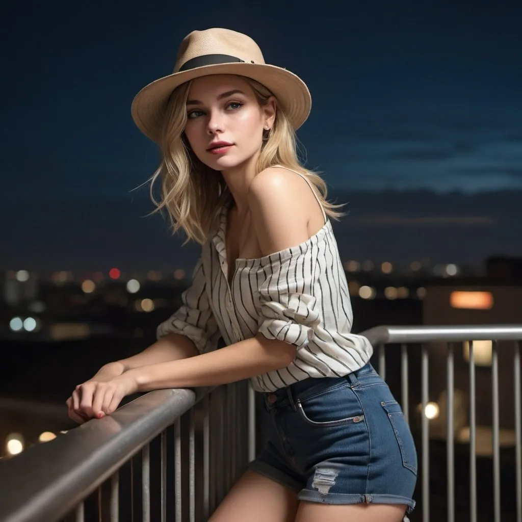 Prompt: a woman wearing opened white and black striped linen shirt ,black tube top shirt , blue short skinny  jeans, beige fedora hat , 
a woman is leaning against the safety railing while her arms spread , rooftop , night , railing ,  lights on the woman , 
blonde hair , 4k , high resolution , professional , glamour photography , art photography , digital painting , detailed features  ,legs ,focus on legs , fashion ,bright colors , portrait 