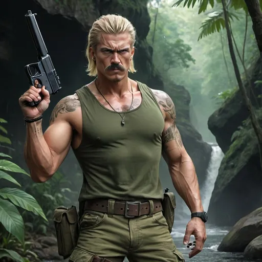 Prompt: 4k , high resolution , detailed , digital painting ,professional , action movie, dark colors , jungle ,river , rock, a man , he holds a pistol and aims it , green undershirt , army pants , mullet hairstyle , blonde hair , the parted pencil mustache , muscular , aim stance ,badass look ,bullet belt, tattoo of skull on his arm , angry face , teeth expose , full body  