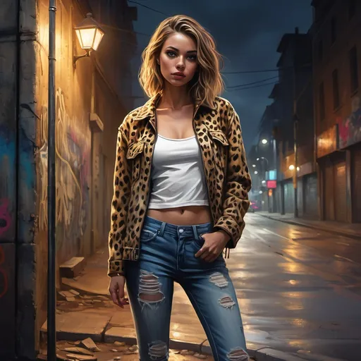 Prompt: (expressionism) (4K), (high resolution), photorealistic digital painting, captivating night scene, road, dimly lit street lights, vibrant graffiti on aged walls, wearing high-skinny jeans   , leopard jacket , stylish white tube top shirt, standing next to a weathered pole, , emphasis on light contrasts, ultra-detailed textures.