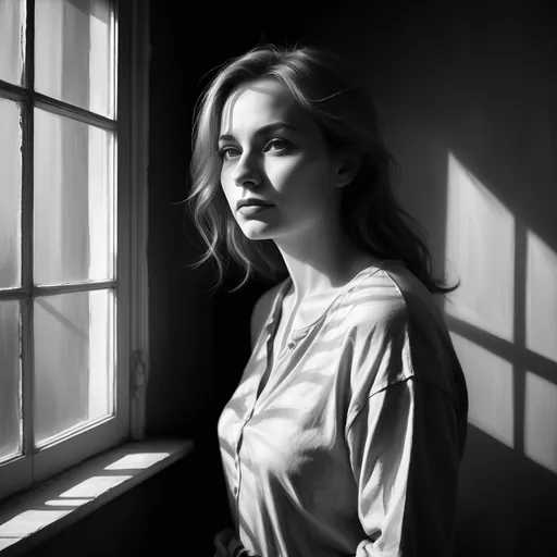 Prompt: black and white colors palette only in this image ,oil painting ,art photography,room, window , a 35 years old woman) standing near the wall in modeling pose  , light and shadow capturing feelings of loneliness , sunlight streaming the woman ,
 , high-quality , rich contrast