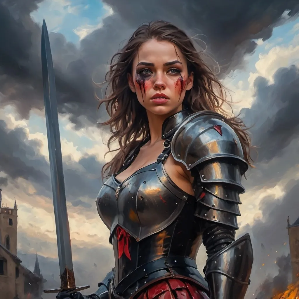 Prompt: 4k , high resolution , oil painting ,knight period, artistic ,fantasy ,destruction, bright colors , a warrior woman is standing proudly and rises the sword up in the air , victory pose , 
  , wounds on face , short black skirt with belt  , black combat corset,shields on both shoulders  , action , dynamic ,  , low angle shot ,show legs, emotional face,