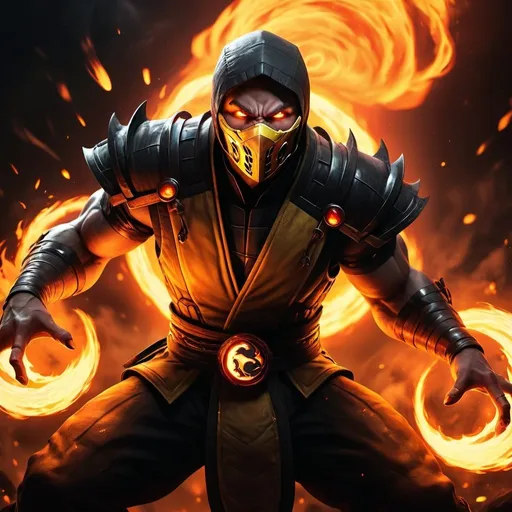 Prompt: high resolution ,4k , fantasy  ,dark colors ,hell , lava , digital painting , illustration , hyper realism , mortal kombat ,
 , scorpion stands in fighting stance, an magical fire ball , the fire ball is in the air , dynamic fire ball ,
white glowing eyes , the fire  reflects yellow aura around scorpion's hands and shines scorpion's face , low angle shot , show full body , 