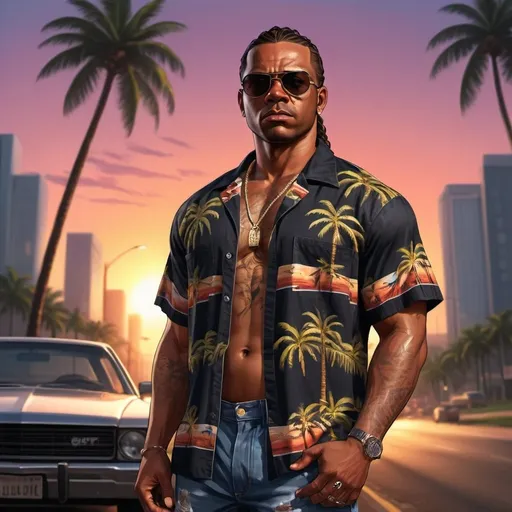Prompt: 4k , high resolution , detailed , gta style ,dark colors , digital painting , palm tree ,sunset ,light ,road , cars ,outdoor , dramatic atmosphere  ,opened hawaiian shirt, jeans , a black man in the street , tough face , sunglasses , mirrored lens , braids haircut ,muscular figure , hands crossed  , low angle shot  , close up 
