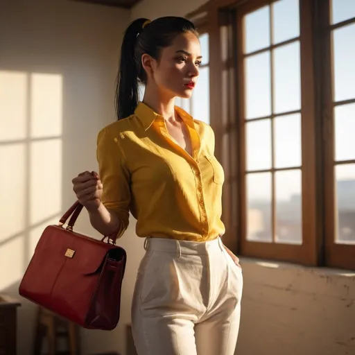 Prompt: 4k, high resolution, professional, detailed features, realistic, dramatic lighting, vintage colors,  professional lighting , room 
a woman standing in modeling pose , yellow handbag  , black hair , ponytail ,white linen shirt , red tight long pants, art photography , intense lighting , sunlight streaming through a window 
