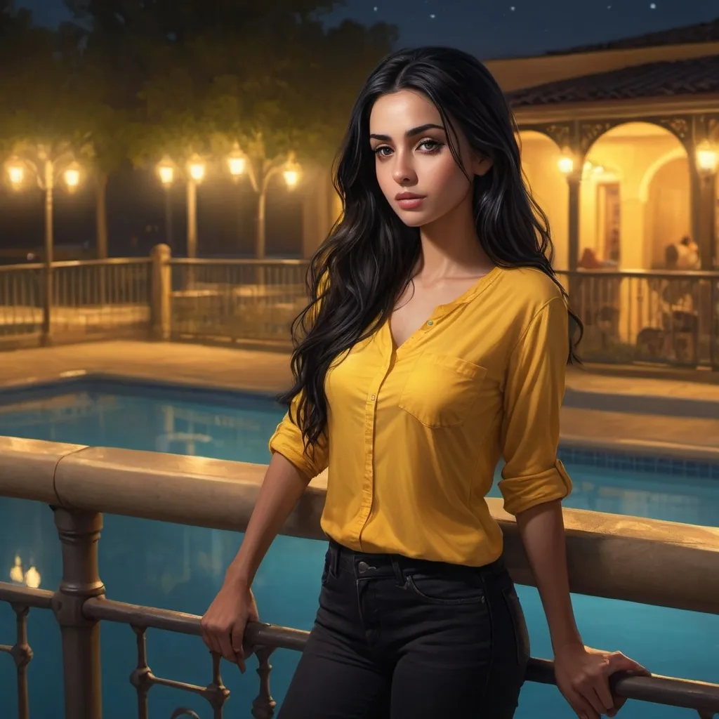 Prompt: 4k, high resolution, digital painting, professional, detailed features, night park scene, illuminated pool ,safety railing, woman leaning against railing,
long smooth black hair , middle eastern skin , yellow shirt , black skinny jeans , 
 illuminated water, 
lights, atmospheric lighting, confident pose 