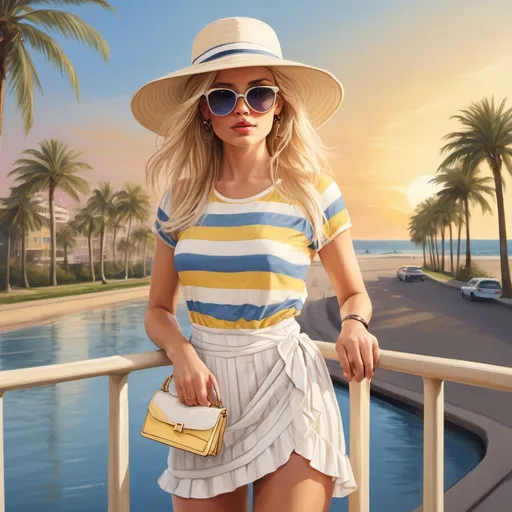 Prompt: a digital painting of a blonde woman ( striped white blue and yellow shirt,White or Cream Wrap Skirt ,summer hat , mirrored lens sunglasses ) standing and she is holding a fancy purse , safety railing behind her and beach in the background with a beautiful sunset and palm tree , ponytail ,fashion photography 