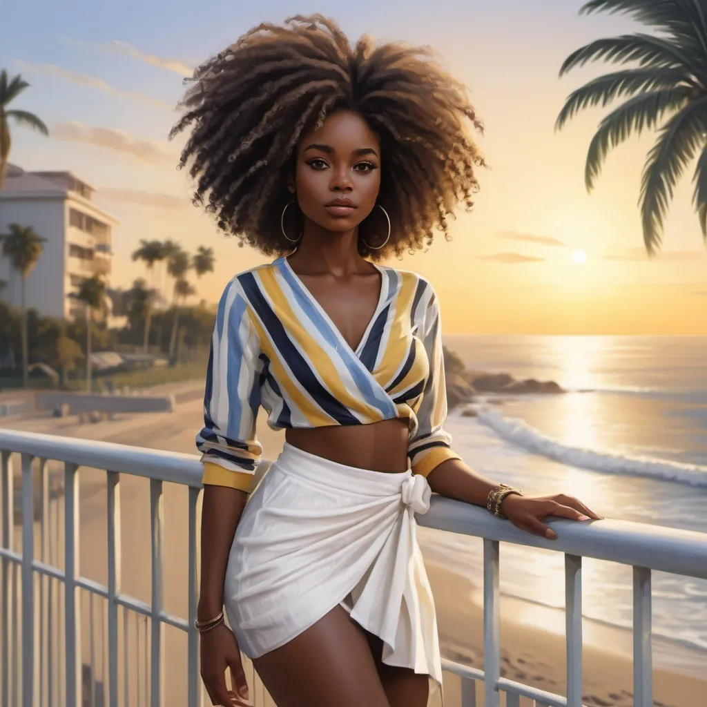 Prompt: a digital painting of a black woman ( striped white blue and yellow shirt,White or Cream Wrap Skirt ,) standing , safety railing behind her and beach in the background with a beautiful sunset and palm tree , afro hair :,fashion photography 