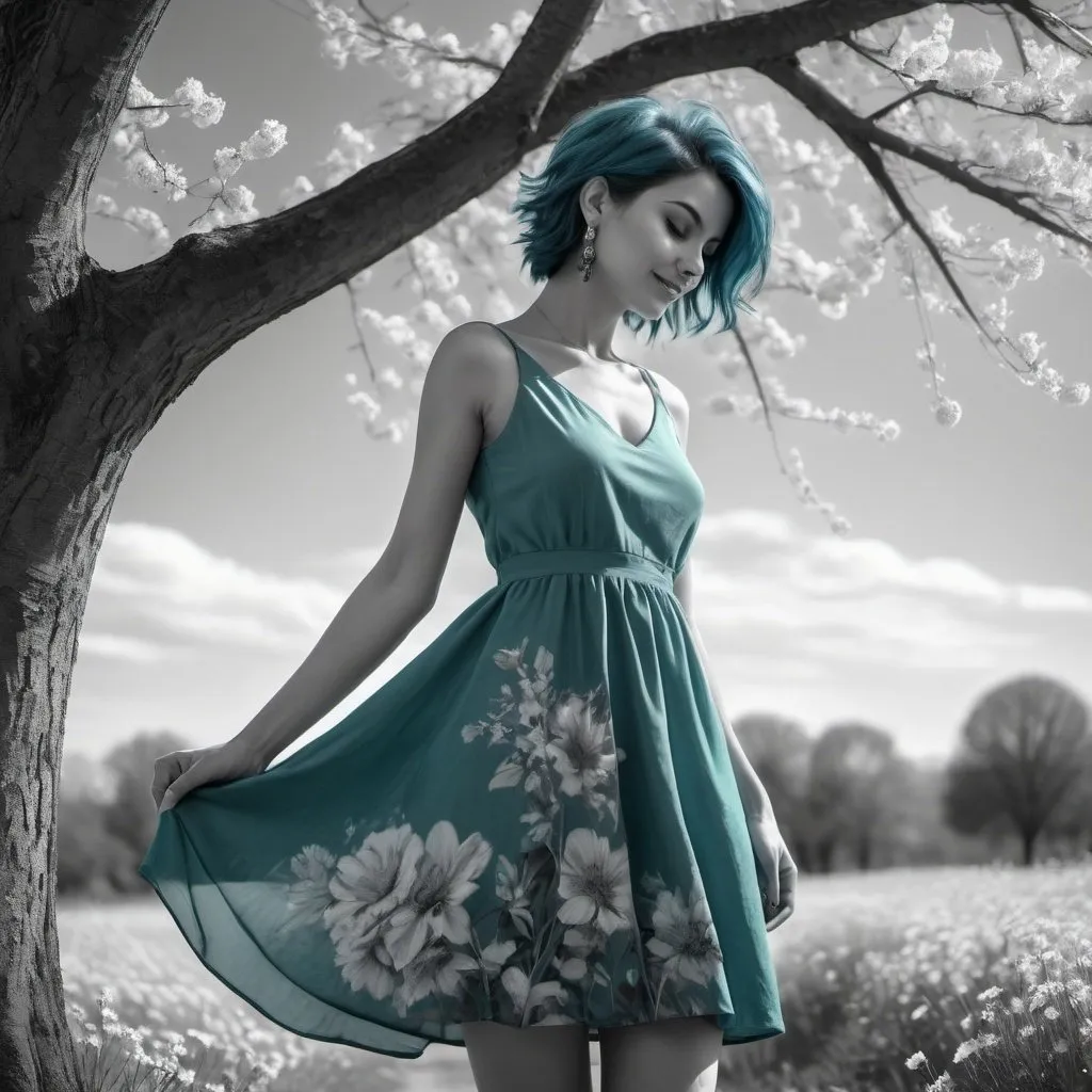 Prompt: 4k , high resolution , glamour photography , art photography , digital painting ,achromatic colors ,trees ,beautiful calm place ,peaceful ,blue sky, flowers are blooming ,spring season , an attractive woman standing near a tree and she is touching her dress ,she enjoys the freedom of the nature ,the sun shines on the woman and she smiles , blue pixie hair , green floral mini dress  , earrings , necklace  , low angle pose , legs  , low angle shot 