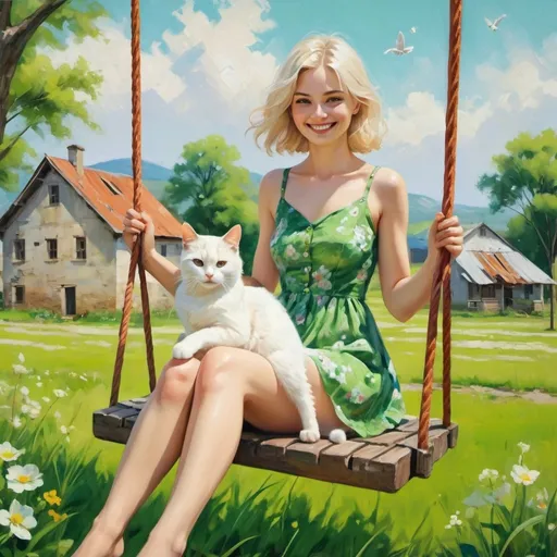 Prompt: 4k , high resolution , oil painting , bright colors , nature , spring season ,
a woman seats on swing and white cat sits on the woman's legs , short green floral dress , green grass field , old buildings in the background , blond hair , smile , barefoot 