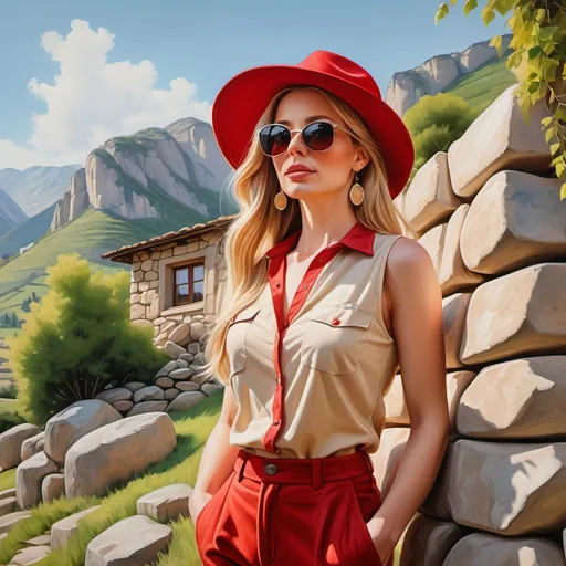 Prompt: 4k , high resolution , extremely detailed oil painting , realism , village , mountains , warm colors . spring season ,
a low angle of beautiful woman posing in modeling pose (long blonde hair , beige sleeveless shirt with red neckline  ,red elegant pants,earrings , summer hat  , sunglasses  )  bushes , small dry stone walling in the background , detailed face , she is 40 years old , legs