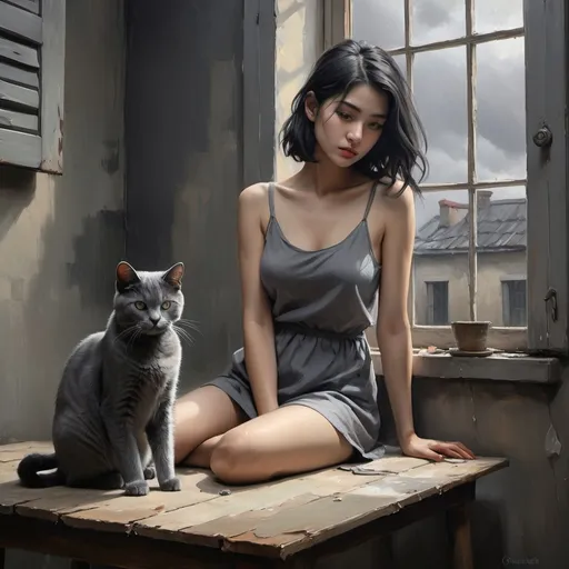 Prompt: 4k , high resolution ,detailed , oil painting , grey themed photo ,poor room ,gray sky, window with shutters , small gray table , a woman holds gray cat, black hair with some gray hairs, mini slit  grey dress reveals legs , focus on legs
, portrait , expressionism , dark colors , depression  , modeling pose , fashion , unique pose,close up , smoke