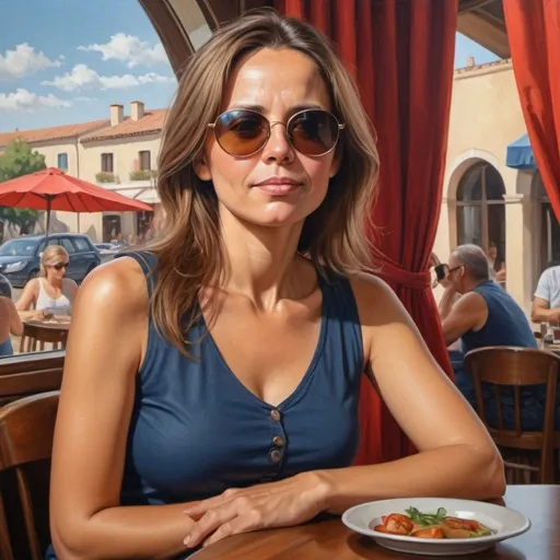 Prompt: 4k, high resolution,detailed, oil painting, a beautiful woman is sitting in restaurant, she is 45 years old, window , beautiful view, wooden round table , red curtain, the woman wears dark blue  sleeveless shirt , beige cargo shorts , long brown hair , sunglasses, mirrored lens , rounded body,