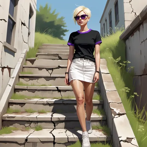 Prompt: a digital painting of a woman in standing near off-white cracked stairs ,modeling pose, dirty and neglected area , Grass (or weeds) growing out of the stairs or from the cracks in the stairs, outdoors , , she is wearing black t-shirt with purple trim around the sleeves and the neckline , white miniskirt , blonde pixie hair , sunglasses with mirrored lens and purple temples , earrings , high resolution