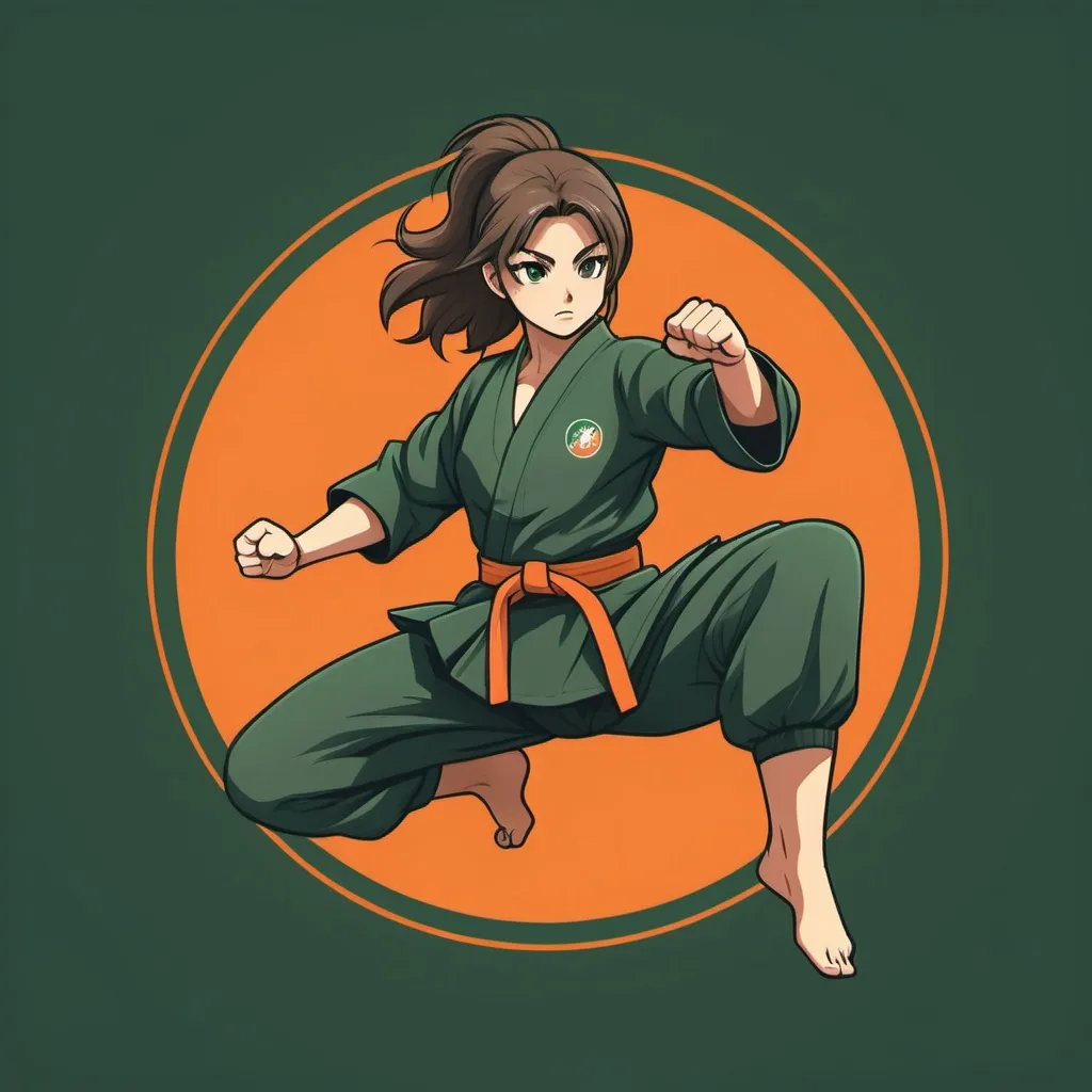 Prompt: 
a logo , circular shape , dark green on the central part , orange in the background , the object is a karate female fighter jumping pose on the middle of the logo , the character should look small and in cartoon style , to make the character to look more "cute" or friendly , long hair ,anime style ,the fist is bigger than the woman's body 