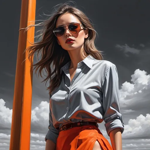 Prompt: 4k,oil painting ,high resolution,professional, Achromatic grays ,light and shadow , sky,modeling ,low angle shot,  a woman is modeling  ,she is leaning against pole,long shag haircut,brunette hair,detailed  long orange slit skirt ,opened red buttoned shirt ,focus on legs ,she wears sunglasses , mirrored lens, close up , portrait , wind