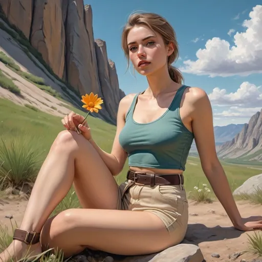 Prompt: 4k , high resolution  , photorealistic painting ,artistic  , nature , blue sky  ,mountain , landscape,woman sits on the ground and she holds a flower , flowers,rock, short beige pants with belt , dark green crop top shirt  , close up , modeling , model stance , summer , hot , sweat , unique pose , 
