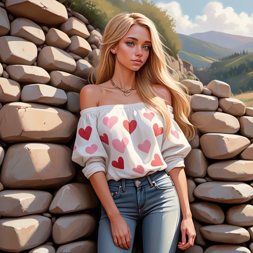 Prompt: digital painting of a woman is wearing off-shoulder white shirt with patterns (pink hearts) , skinny jeans , tanned skin ,long  blonde hair , red nails , she is standing and there is a small dry-stone wall behind her with irregularly shaped stones, with natural colors like beige, cream, and light brown. The stones are stacked and fitted together in a rustic, uneven pattern,. Small patches of green vegetation grow in the crevices between the stones. , outdoor , sunny day , summer , bright sky  