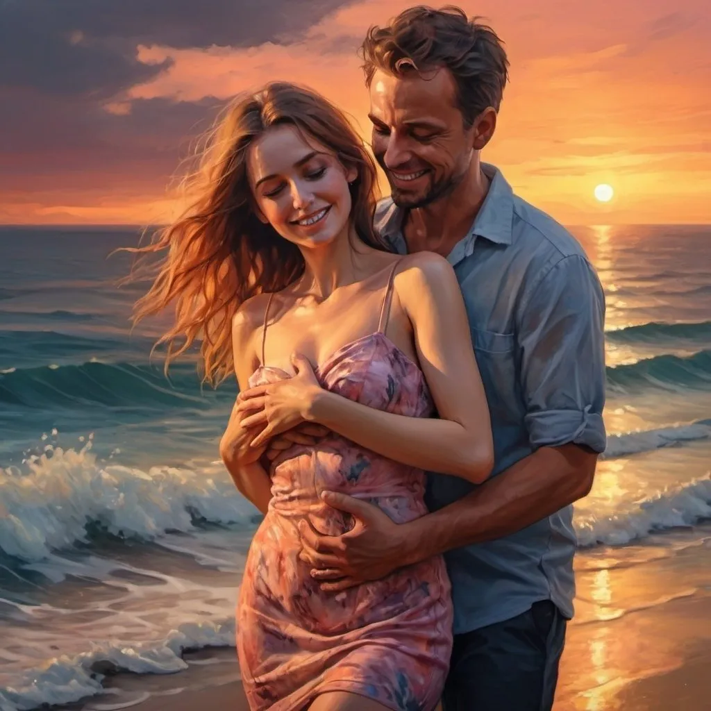 Prompt: 4k , high resolution , realism , digital painting , sea , sunset , expressionism , romantic scene ,artistic , a woman is being hugged by a man who stands behind her , the man catches her body, they both smile  , close up 
the woman wears mini dress 
