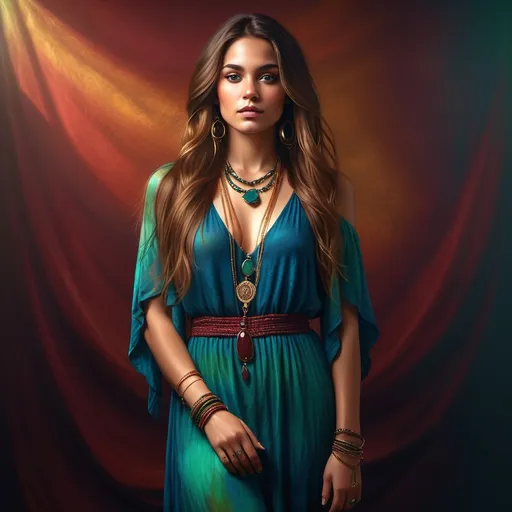 Prompt: high resolution , bright colors , 4k , A digital painting of good looking woman in blue Bohemian Maxi dress 
  ,long hair , bracelet, emerald green neckless stone with golden chains ,  she is in studio backdrop with a textured dark red and maroon gradient, featuring soft shadows and a moody vignette effect, creating a warm and elegant ambiance." , she is standing in a modeling pose , artistic photography , fashion  