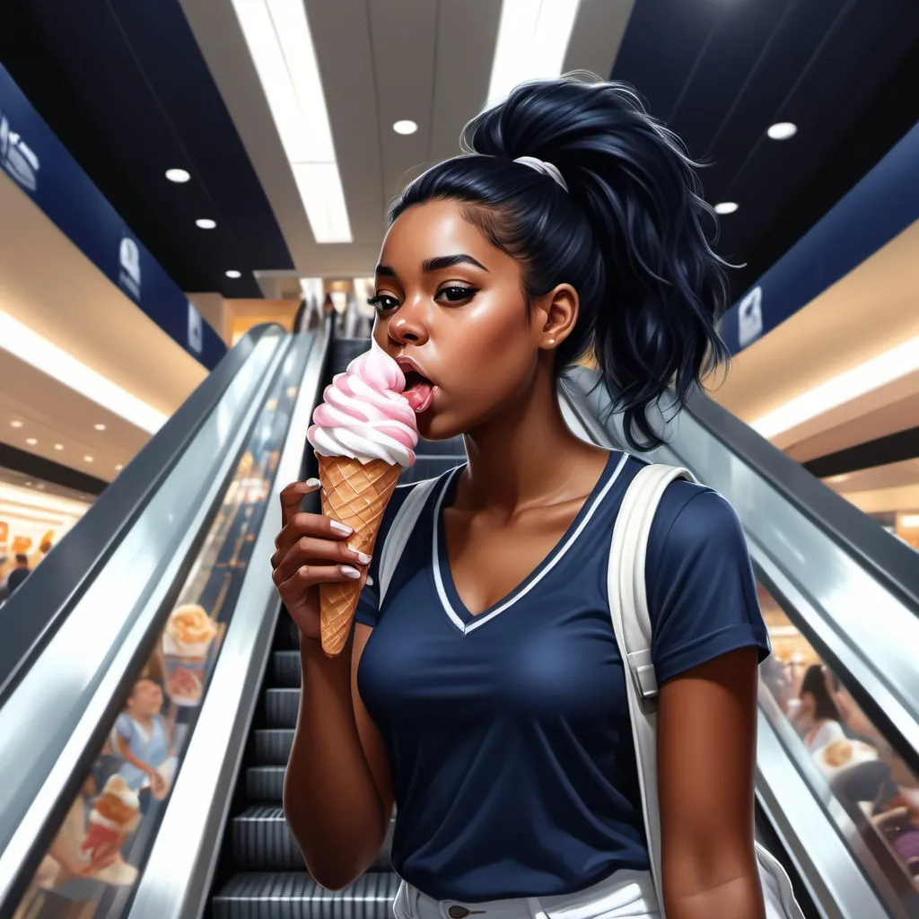 Prompt: realism digital painting ,, (4K), (high resolution), dark colors ,mall, an black woman standing on the escalator and eating ice cream(holding the ice cream near her mouth)    ,she wears navy blue v-neck shirt with white strips , white shorts ,black hair, ponytail , modern lighting creates a sophisticated ambiance,