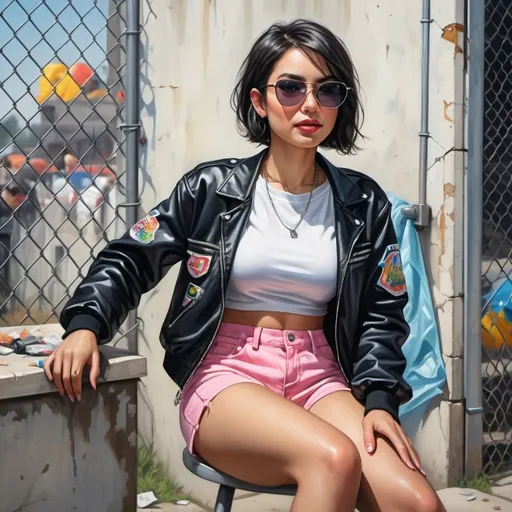 Prompt: 4k , high resolution , detailed , bright colors, photo,digital painting , photo realism painting  , artistic ,professional ,  a woman is sitting on chair ,old white concrete wall  behind her , garbage  , chain-link fence,modeling stance , black hair , bob haircut , opened black jacket , white crop top shirt , pink shorts ,sunglasses ,mirrored lens , pink temple, close up , portrait , smile ,