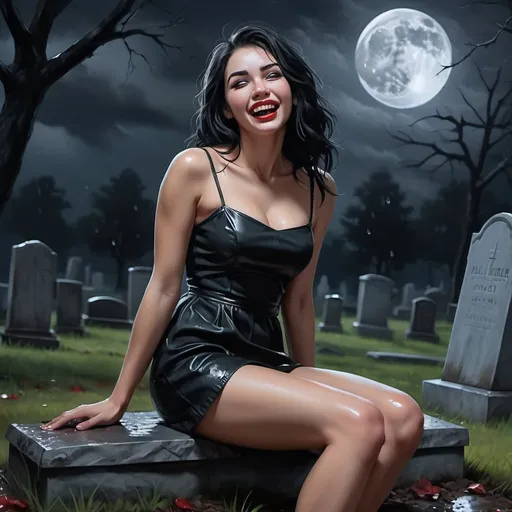 Prompt: 4k,high resolution , detailed , oil painting , modeling , dark color , grave yard , tombstones , scary place, rain, a woman sits on grave,laugh,teeth reveals , blood , pale skin , black hair , mini slit dress reveals legs , black themed , death ,drama, night , dark magic , modeling pose , realistic woman look , moon , focus on legs , barefoot  , portrait  , expressionism , 